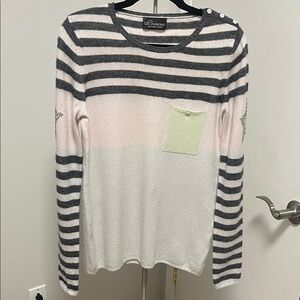 Chaps Striped Gray and Pink Crew Neck Sweater